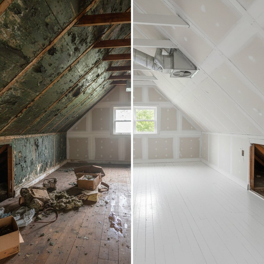 Before and after mold removal & remediation in Wyckoff commercial property attic space