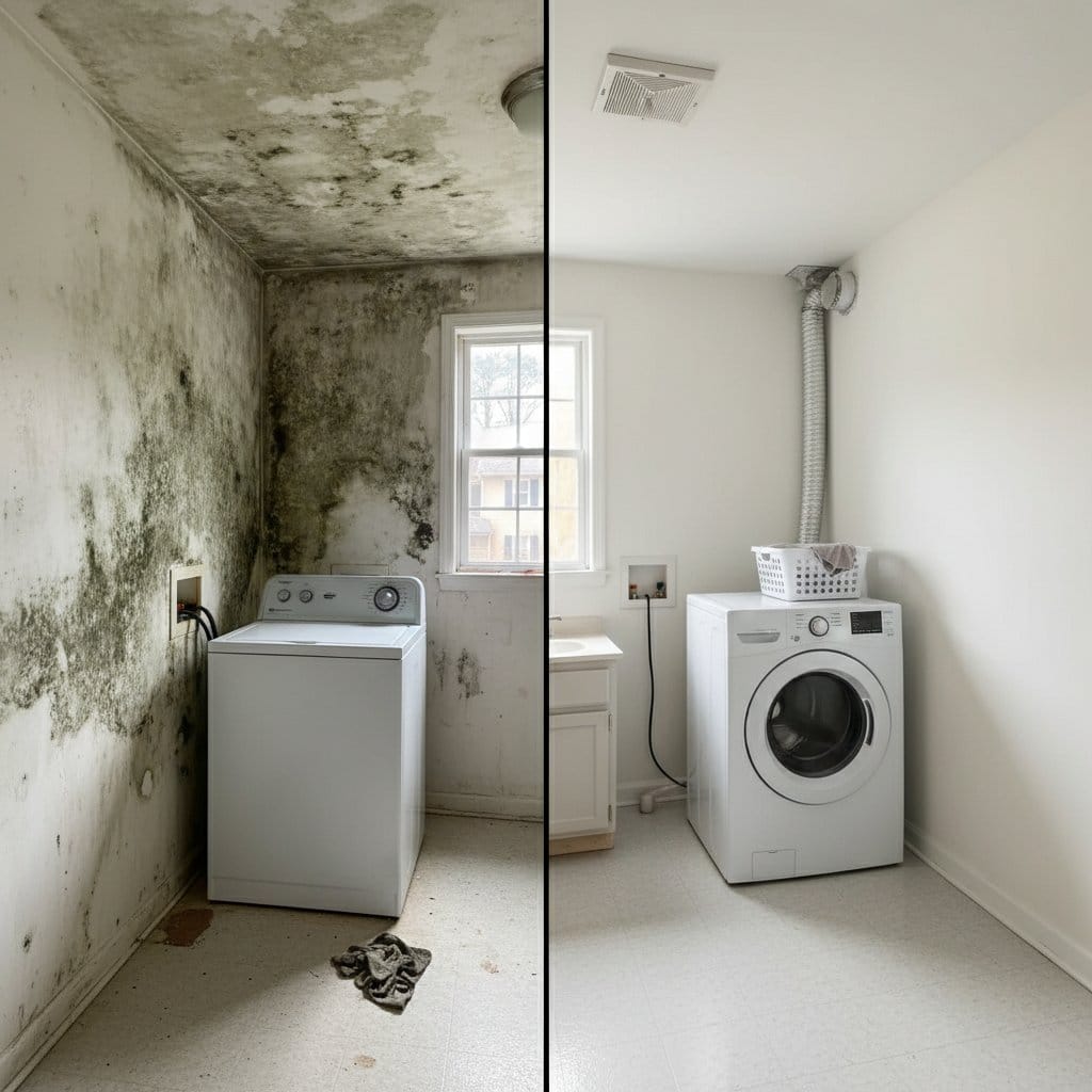 Black Mold Removal restoration β laundry room of contemporary home in Wyckoff, NJ