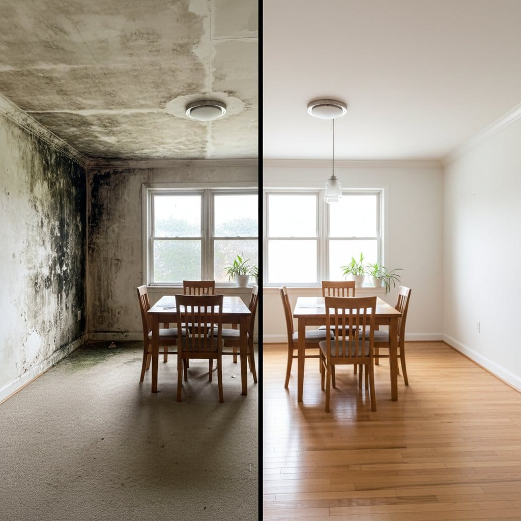 Before and after black mold removal in Wyckoff bungalow dining room