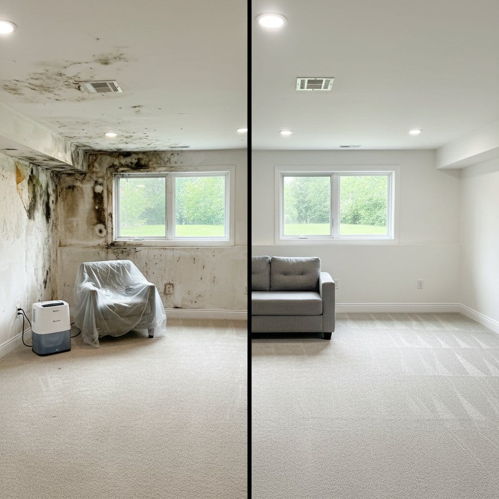 Attic & Crawl Space Mold Removal before and after in finished basement, Wyckoff NJ