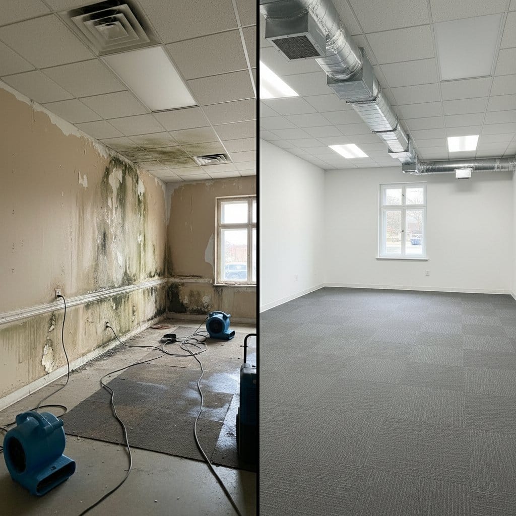 Before and after attic & crawl space mold removal in Wyckoff Cape Cod house storefront interior