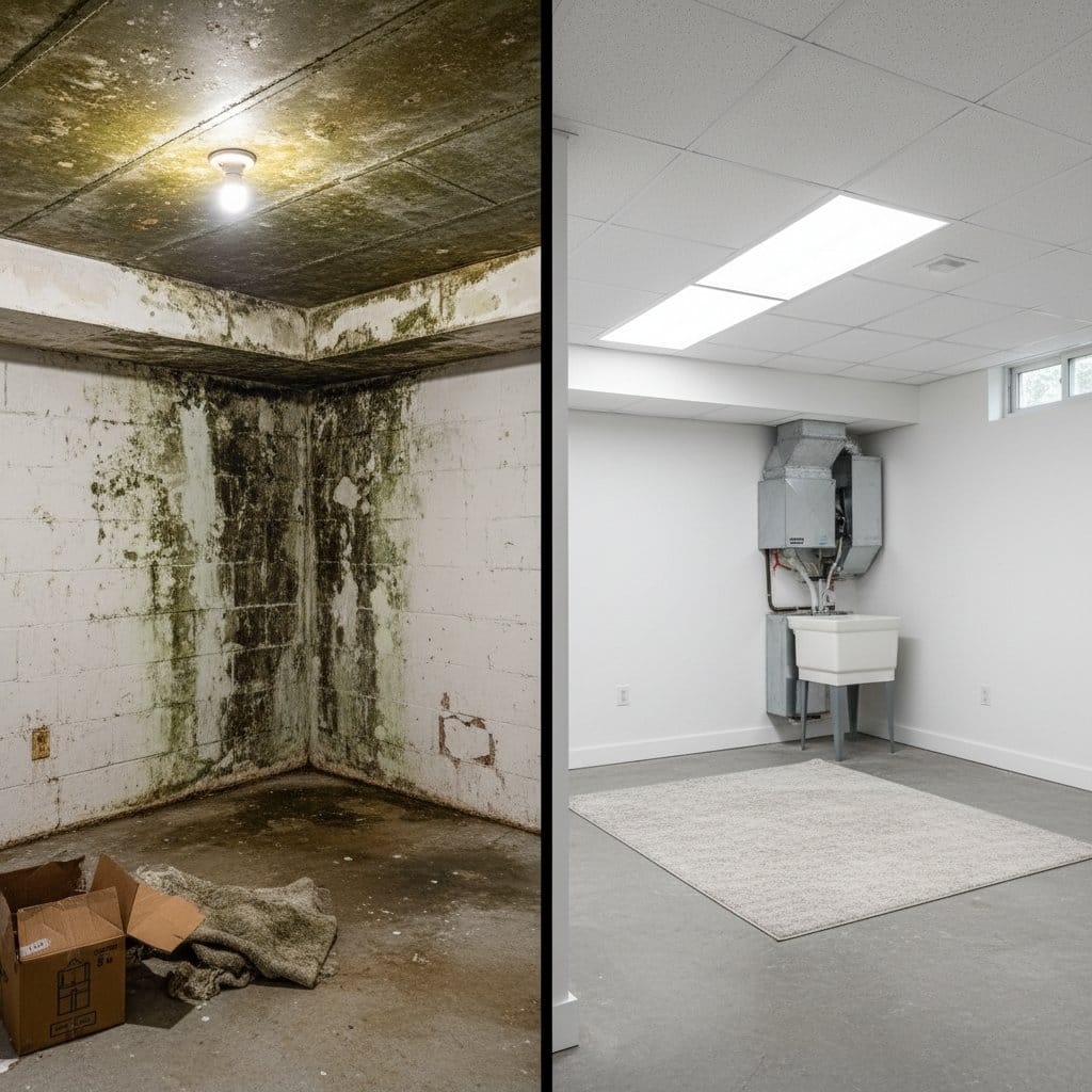 Basement & Foundation Mold Removal before and after in residential basement, Wyckoff NJ