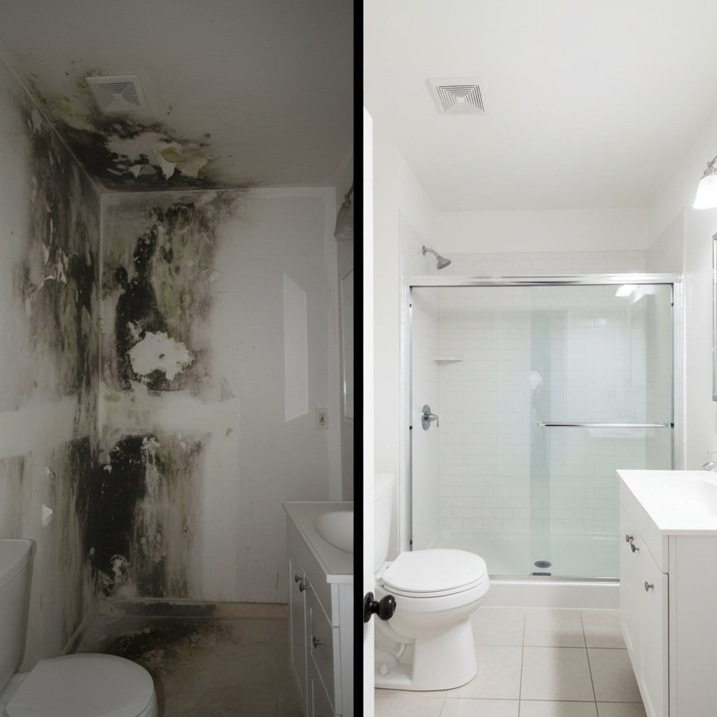 Before and after basement & foundation mold removal in Wyckoff private residence bathroom
