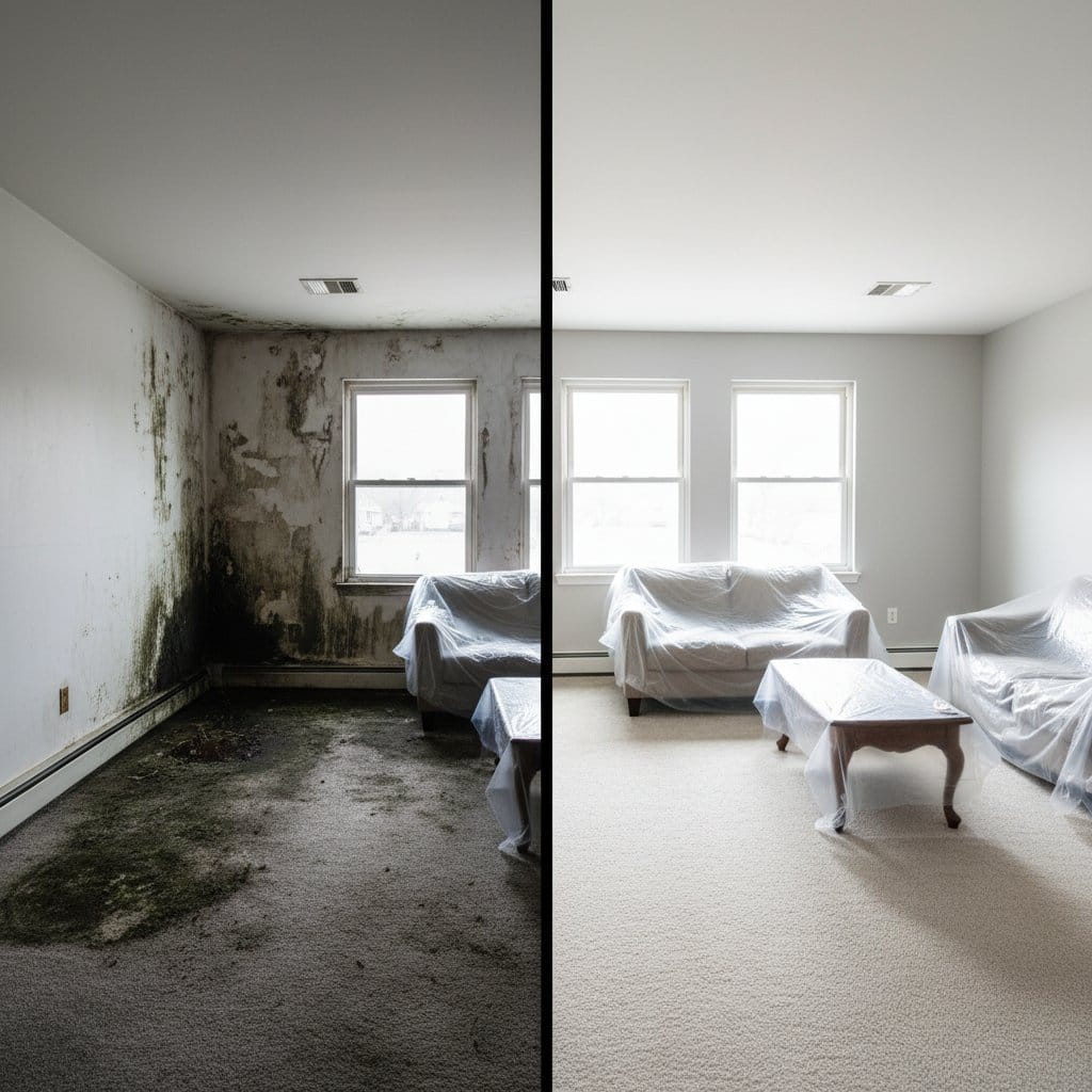 Bathroom & Kitchen Mold Removal before and after in living room, Wyckoff NJ