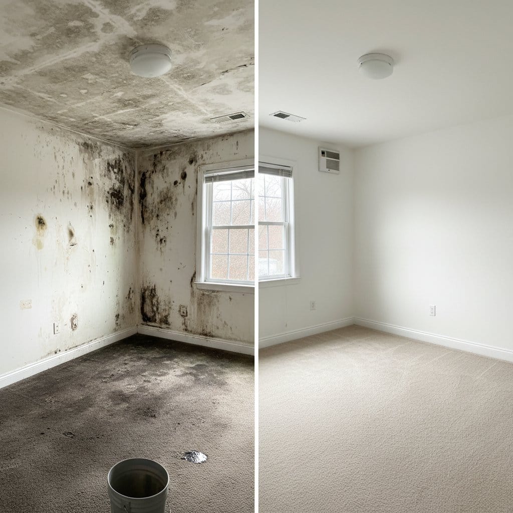 Before and after bathroom & kitchen mold removal in Wyckoff bi-level home bedroom