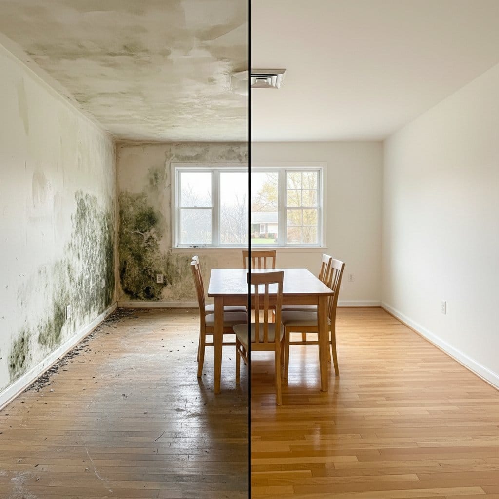Before and after odor removal & disinfection in Wyckoff ranch-style home dining room