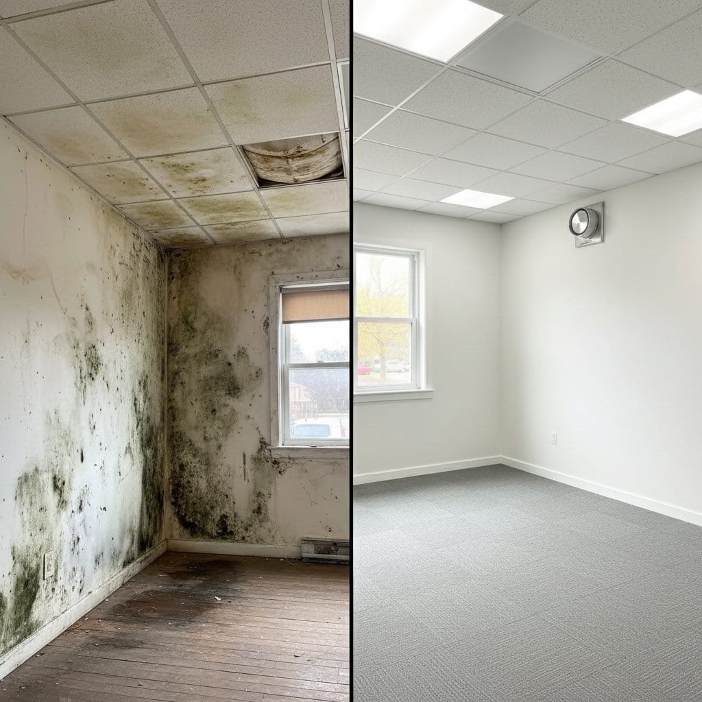 Before and after humidity & moisture control solution in Wyckoff townhouse storefront interior