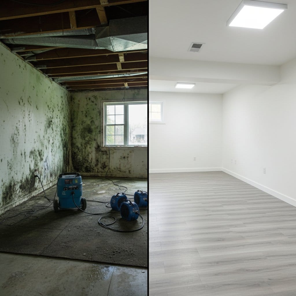 Wyckoff Mold Removal residential basement restoration before and after in Wyckoff